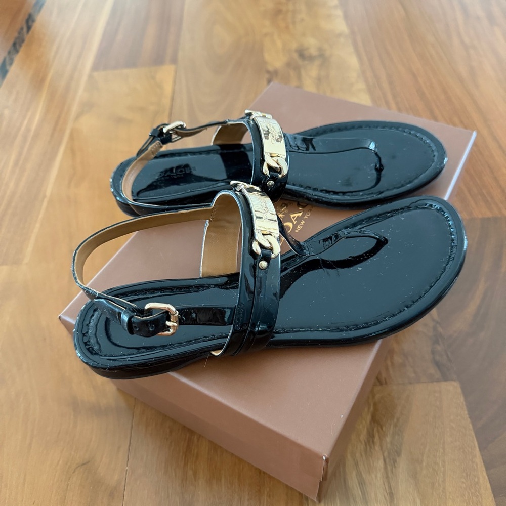 Coach Caterine Black Patent Leather T-Strap Sandals with Gold Accent - Picture 3 of 5